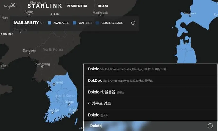 Mapa da Starlink na Coreia gera polémica por Dokdo ser identificado como Liancourt Rocks